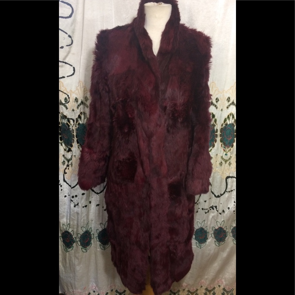 Vtg Full length rabbit fur coat burgundy size 8